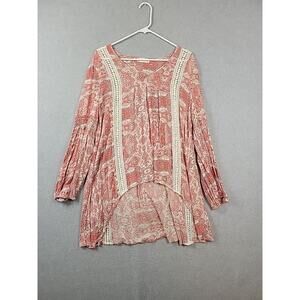 Altar'd State Pink Paisley LS Hi Low V Boho Neck Blouse Tunic Women's Large